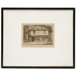 William Renison (Scottish 1893-1938): House of Saint Veronica - Via Dolorosa Jerusalem and French Town Centre; Frank Harding (British fl.1885-1890): 'Christchurch Priory'; John Fullwood (British 1851-1931): Churchyard, and Georges Huardel-Bly (French 1872-?): The Old Curiosity Shop, five monochrome etchings signed in pencil max 44cm x 30cm (5)