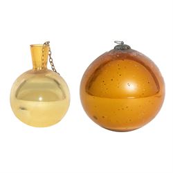 Two gold coloured glass witches ball, one with bottle neck, the other with metal hanging p...