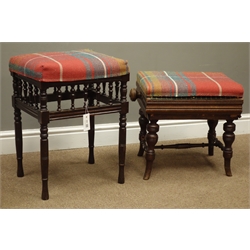  Edwardian oak rectangular adjustable piano stool, on turned supports, W45cm, D37cm & an Edwardian ebonised stool with galleried frieze, W42cm, H56cm, D35cm, both upholstered in Tartan (2)  
