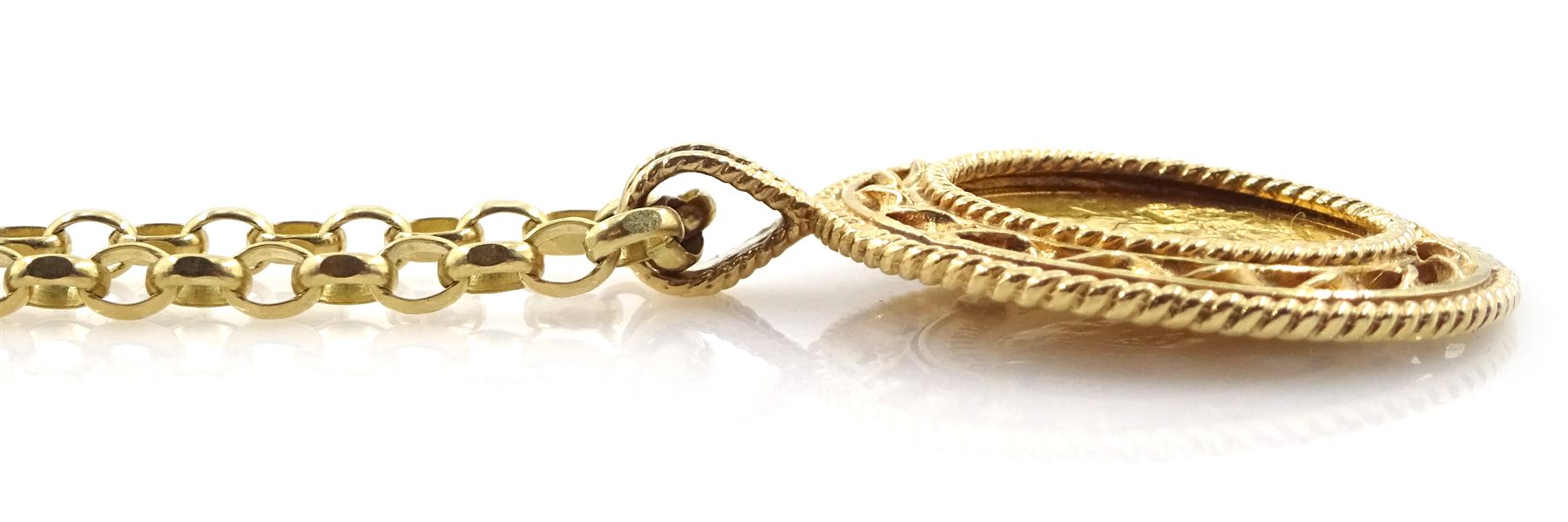 King George V 1912 gold half sovereign, loose mounted in gold pendant on chain, both hallmarked 9ct