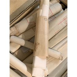 Thomas William Whipp ARIBA (1880-1950) (Chartered Architect and Surveyor): Quantity of architectural drawings and plans relating to Scarborough including: Manor Road Boarding House 1932, Temperance Hall Falsgrave Road 1935, Londesborough Theatre and Picture House 1930 Cooperative Bakery Victoria Road 1938, 4 Valley Bridge Parade 1927, Cooperative Society 181-183 Dean Road 1931, Mill Lane Bakery 1938, housed in a canvas steamer style trunk, wood and metal bound, L91cm