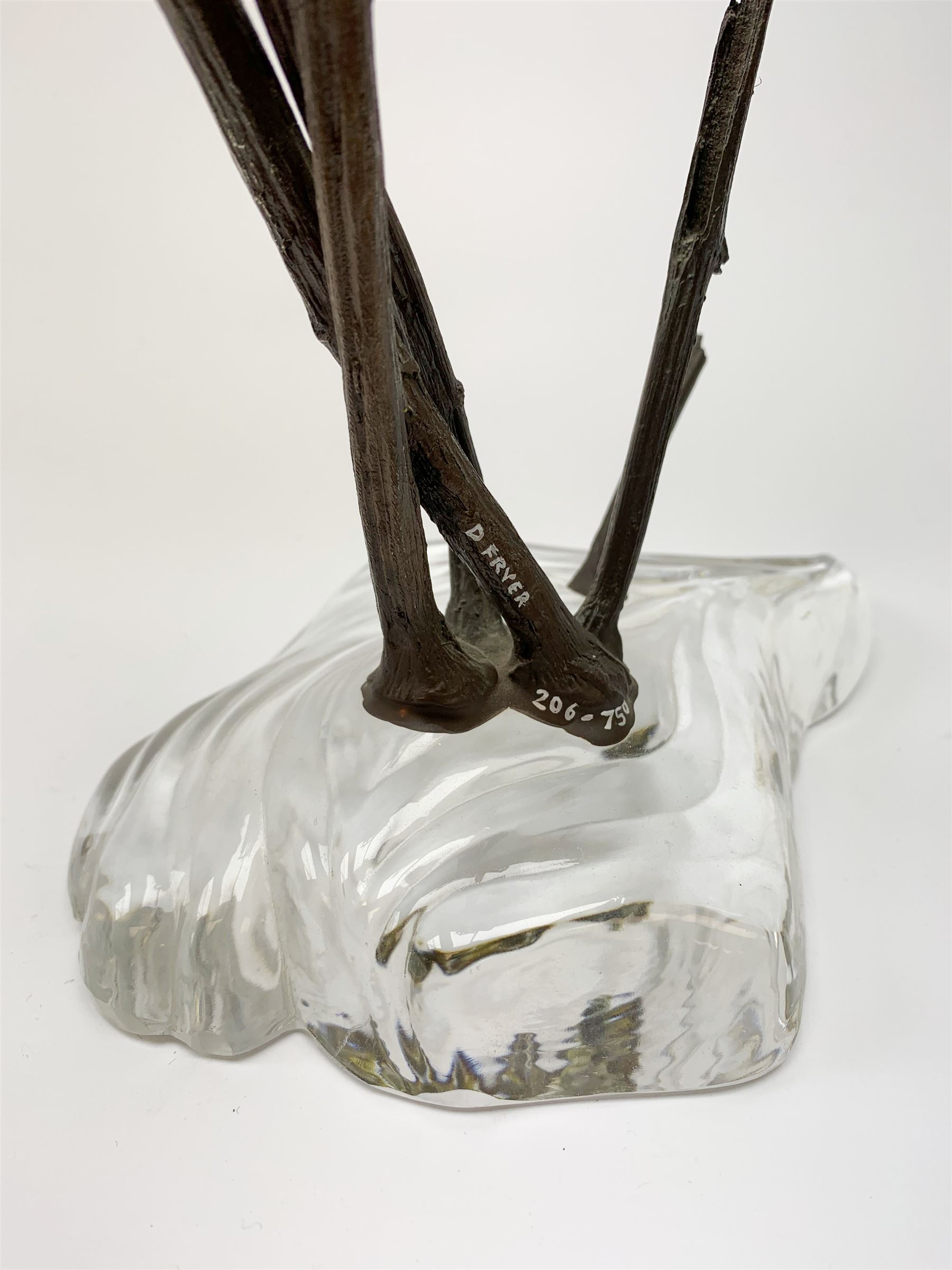 David Fryer Studios for Royal Worcester, a limited edition bronze and porcelain model of a kingfisher in flight, supported by bronze rushes, upon a clear base, signed D Fryer, and numbered 206/750, H48cm. 