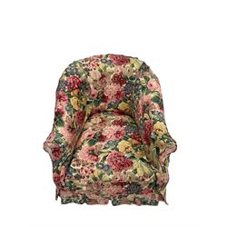 Victorian low tub shaped armchair, beech framed with compressed bun feet, loose floral fabric