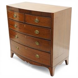 Early 19th century Regency mahogany bow-front chest, with banded caddy top and ebony stringing, fitted with two short over three long cockbeaded drawers, with oval brass handles, shaped apron and splayed bracket feet