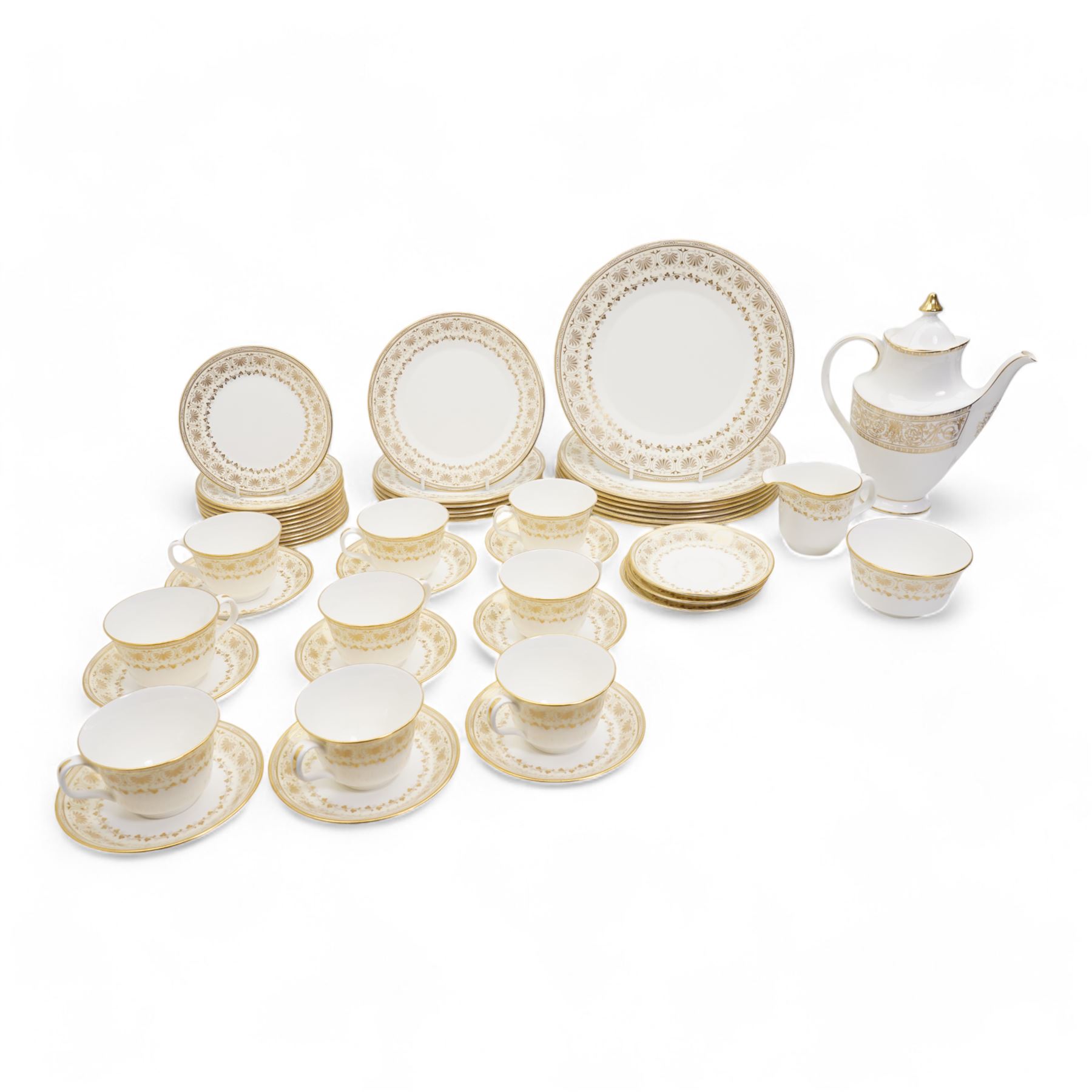 Minton 'Jubilee' pattern dinner and tea wares comprising seven dinner plates, six side plates, twelve tea plates, coffee pot, eight teacups & twelve saucers, sugar bowl and milk jug 
