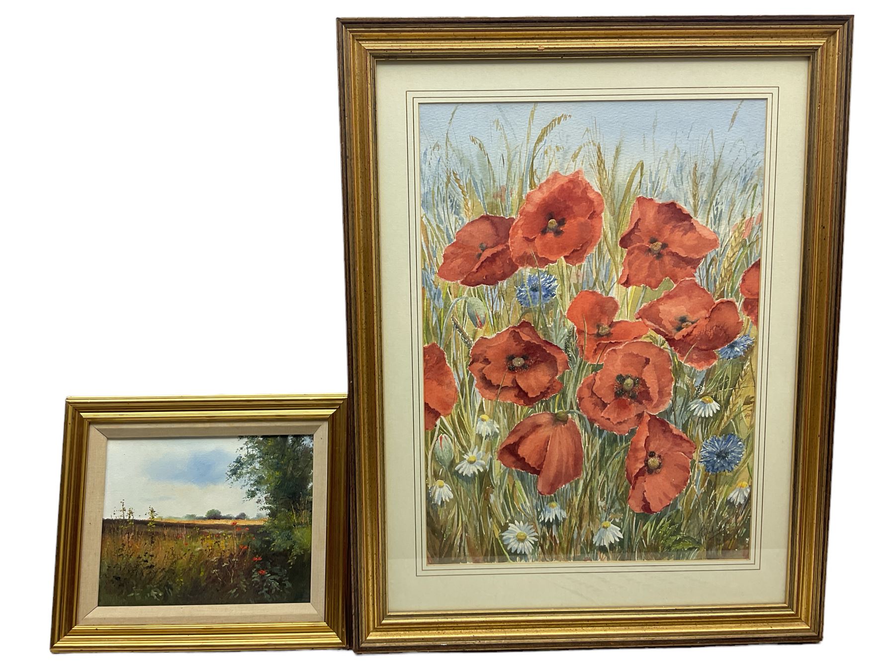 Pamela Hughes (British 20th century): 'The Last of the Poppies', oil on canvas unsigned, labelled verso together with English School (20th century): Poppies, watercolour indistinctly signed and dated '90 max 50cm x 36cm (2)