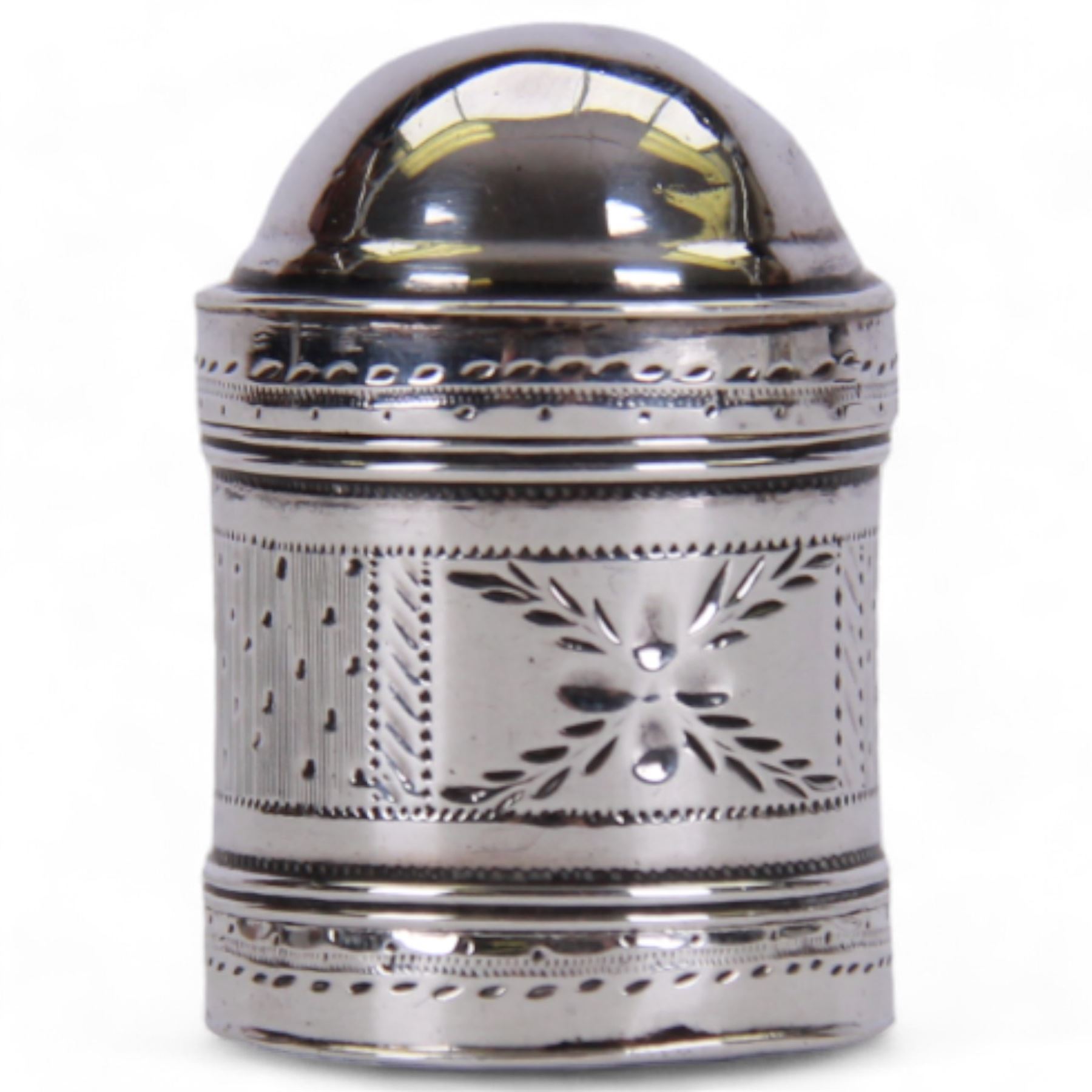 George III silver nutmeg grater, of cylindrical form with pull off cap and base, engraved with a foliate band, hallmarked Samuel Pemberton, Birmingham 1790, H3cm