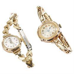 Two 9ct gold manual wind wristwatch, one on expanding 9ct gold bracelet, the other with go...