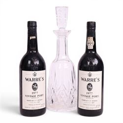 Warre's 1977 vintage port, 75cl unknown proof, two bottles, with Waterford Lismore pattern...
