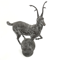 Pair cast metal garden stags on spherical mounts, figures/gate post finials, H91cm