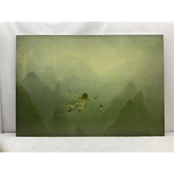 Peter Van Straten (South African 1972-): 'Breast-Stroke' Flying Girl and Terrier, oil on canvas laid on board signed, titled verso 95cm x 139cm (unframed)
Provenance: with Knysa Fine Art, 8 Grey St., Knysa, South Africa, label verso