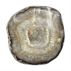 Agate crystal geode cluster, with crystals to the centre, in brown and grey tones, H8cm 