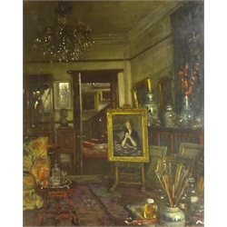  Frederick William Elwell (British 1870-1958): 'A Corner of my Studio Bar House Beverley', oil on panel signed, titled verso 75cm x 62cm Notes: the portrait on the easel within this study is that of 'Miss Elizabeth Chapman' finished in 1953 and exhibited at The Royal Academy Summer Exhibition 1954  DDS - Artist's resale rights may apply to this lot   