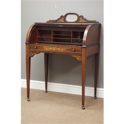  Edwardian rosewood writing desk, shaped raised back with bevelled mirror, cylinder roll top with boxwood trailing foliage, interior fitted with sliding surface with hinged leather inset, drawers and pigeon holes, square tapering supports with ceramic castors, W80cm, H110cm, D52cm  