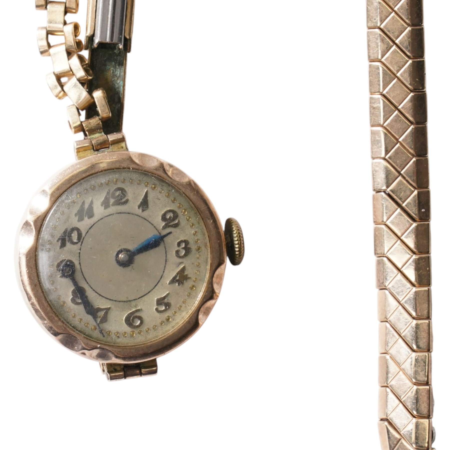 Unicorn 9ct gold manual wind wristwatch, silvered sunburst dial, case by Rolex, Glasgow import mark 1924 and one other 9ct gold manual wind wristwatch, hallmarked, both on gilt straps