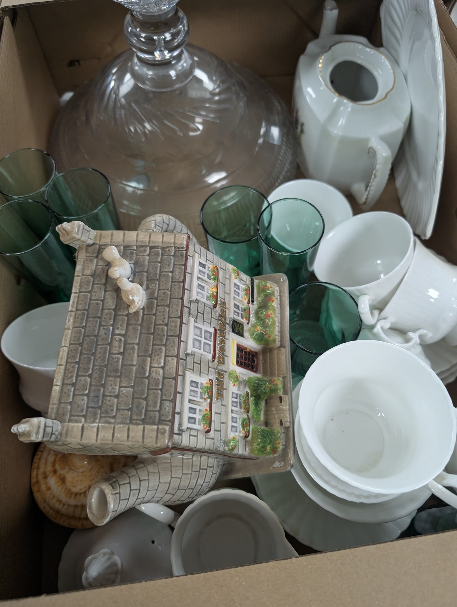 Royal Doulton Carlyle dinner wares, heavy glass candlesticks, punch bowl and lidded jars and other ceramics and glassware, in five boxes