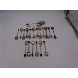 Set of six 1920s silver coffee bean spoons, together with a collection of silver souvenir and similar spoons, including two filigree examples, all tested or hallmarked