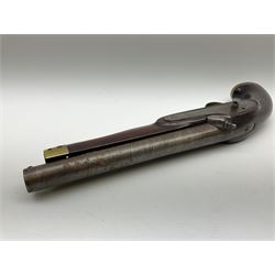 Early 19th century percussion cap cavalry pistol with round 23cm unsighted barrel, borderline engraved action lock (lacking hammer), walnut full stock with heavy brass furniture, iron lanyard ring to the flat butt cap and long flat retaining spring below fore-end for captive ramrod (missing) L41cm overall