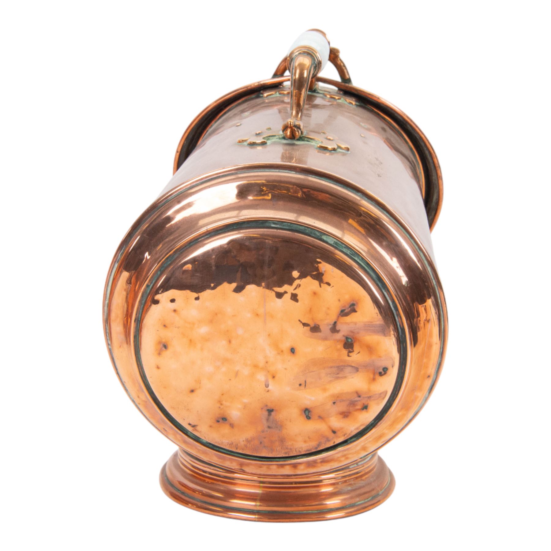 Pair of 19th century copper coal scuttles, of circular form raised on a circular stepped foot with hinged cover, H44cm, L50cm