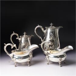 Pair of large silver plated sauce boats with bead edge decoration and C scroll handles eng...