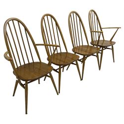 Ercol - light elm and beech set of ten (8+2) 'Quaker Windsor' dining chairs, high hoop and stick back over splayed supports united by H-stretcher, with foliate patterned crimson loose seat cushions