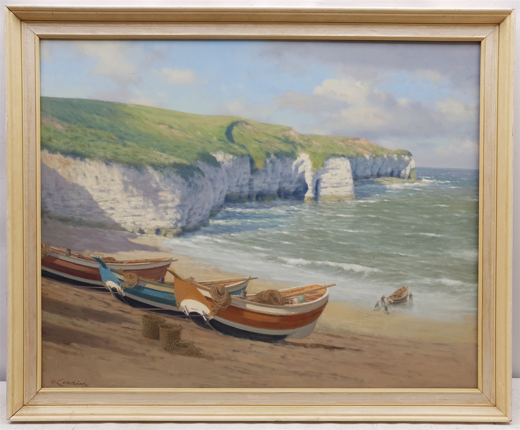 Walter Goodin (British 1907-1992): Cobles at North Landing Flamborough, oil on board signed 59cm x 74cm