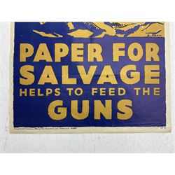 WW2 poster after Alfred Sindall printed for H.M. Stationery Office by Wm. Brown & Co Ltd London E.C.3; poster No.S.P.37 'Paper For Salvage Helps To Feed The Guns' depicting British Soldiers firing a field gun 75 x 51cm; blue, gold and white; unframed