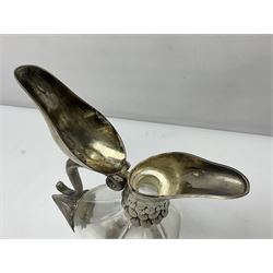Silea silver plate mounted glass claret jug, in the form of a duck, with makers mark beneath, H26cm