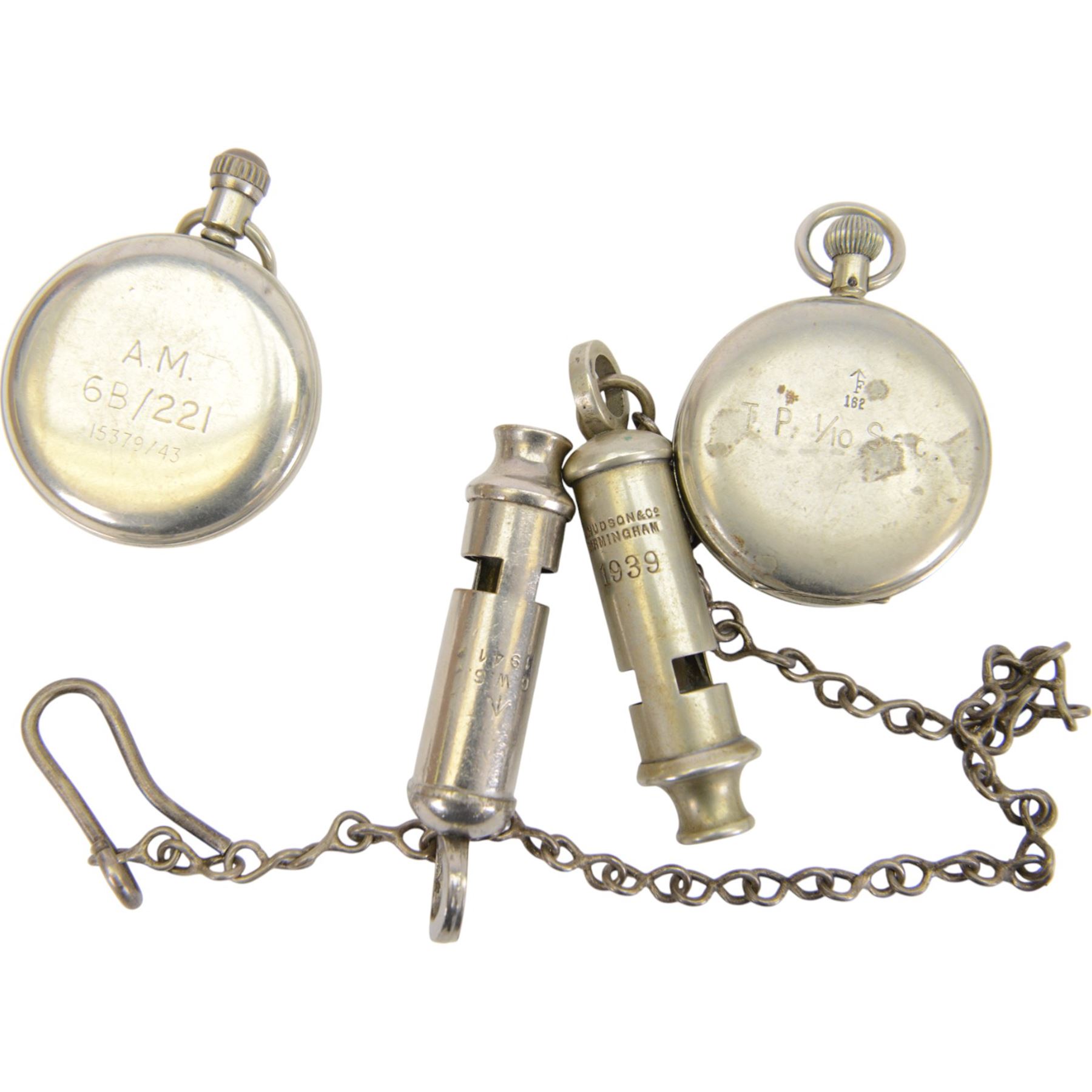 WWII, two stopwatches, the first marked A.M. 6B/221 15379/43 to reverse, the other T.P. 1/10 Sec, together with military whistle marked C.W.S 1941 with broad arrow and J. Hudson & Co whistle 1939 