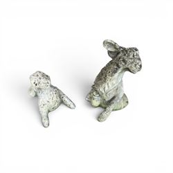 Two weathered cast stone garden hares