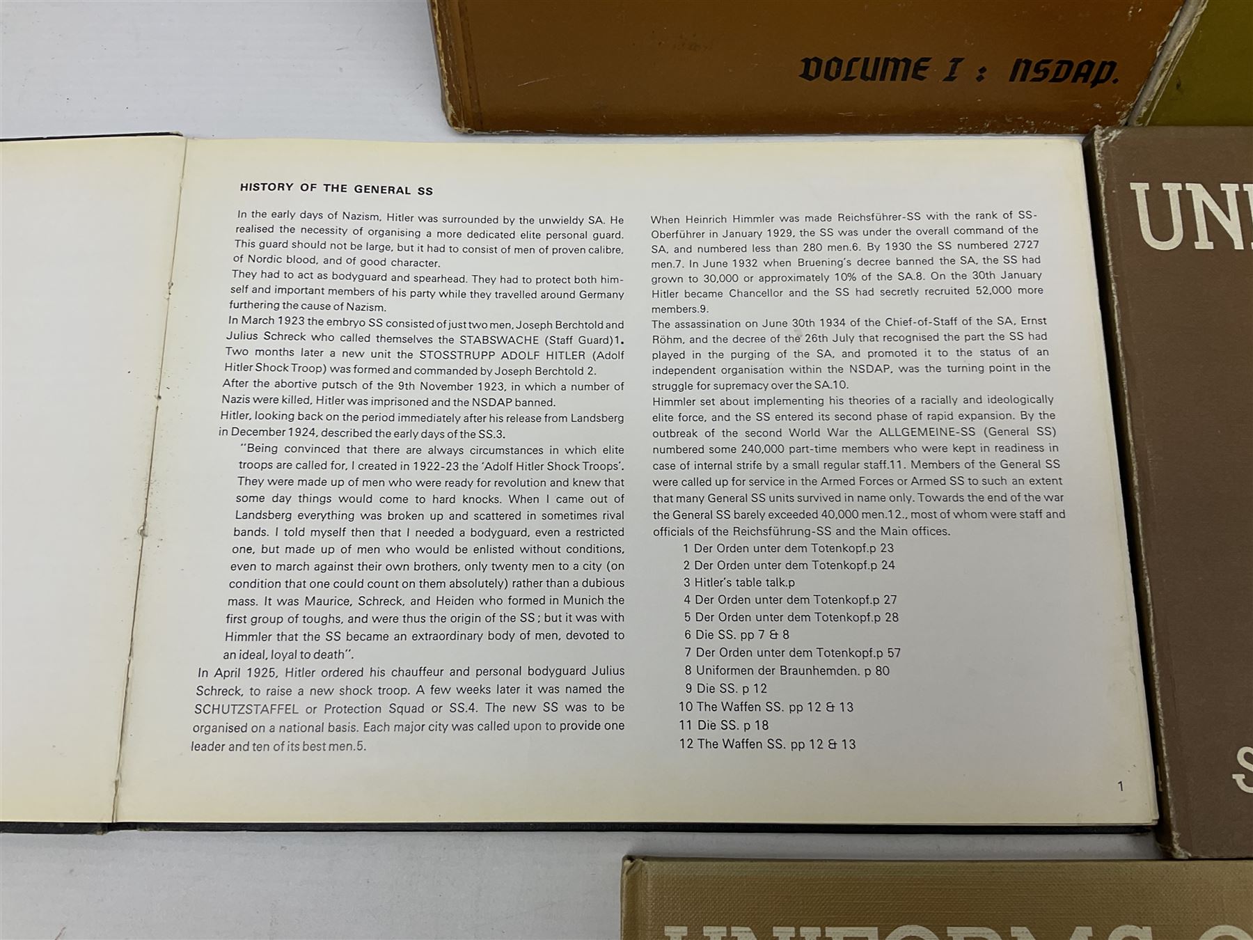 Military Collectors Service: set of three books on WWII German uniforms and badges; and Mollo Andrew: Uniforms of the SS. Volumes 1,4,5,6 & 7 (8)
