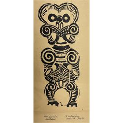Edward Hardy 'Ted' Harrison (Canadian 1926-2015): 'Maori Figure from New Zealand', screenprint signed titled inscribed 'To Andrew from Uncle Ted' and dated July 1967, 21cm x 57cm (unframed) 
Provenance: gifted to the vendor as a child in the 1960s by the artist. Harrison was a close friend of the vendor's father when the pair lived in County Durham, known by the family as 'Uncle Ted'. 

Born in a small colliery community in Wingate, County Durham, in 1923, Harrison studied at the Hartlepool School of Art and after the war was awarded a National Diploma at Durham University. He spent time abroad studying various artistic cultures; the present pictures are from his time spent in New Zealand, prior to him leaving for Canada and the Yukon where he enjoyed great success and was most successful. The vendor recalls the day in his parents’ Hartlepool home when 'Uncle Ted' came to bid his farewells; he drew the vendor a self-portrait in his autograph book of him standing under a toadstool, joking that he was ‘a small man’ - which he was!