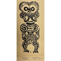 Edward Hardy 'Ted' Harrison (Canadian 1926-2015): 'Maori Figure from New Zealand', screenprint signed titled inscribed 'To Andrew from Uncle Ted' and dated July 1967, 21cm x 57cm (unframed) 
Provenance: gifted to the vendor as a child in the 1960s by the artist. Harrison was a close friend of the vendor's father when the pair lived in County Durham, known by the family as 'Uncle Ted'. 

Born in a small colliery community in Wingate, County Durham, in 1923, Harrison studied at the Hartlepool School of Art and after the war was awarded a National Diploma at Durham University. He spent time abroad studying various artistic cultures; the present pictures are from his time spent in New Zealand, prior to him leaving for Canada and the Yukon where he enjoyed great success and was most successful. The vendor recalls the day in his parents’ Hartlepool home when 'Uncle Ted' came to bid his farewells; he drew the vendor a self-portrait in his autograph book of him standing under a toadstool, joking that he was ‘a small man’ - which he was!