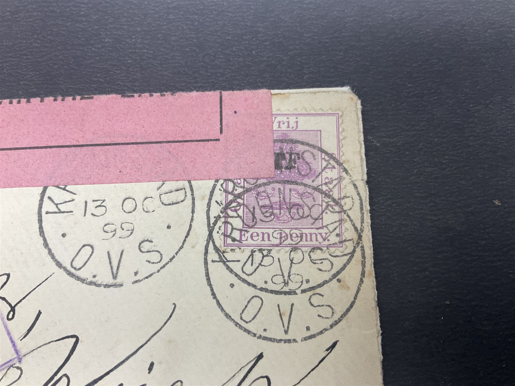 South Africa, Orange Free State, partial cover with one penny stamp cancelled with various postmarks 'Stopped By Censor Return To Sender' purple rectangular stamp and 'V R Opened Under Martial Law' pink slip and three telegrams with various stamp values