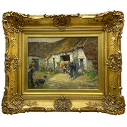 George Smith (Scottish 1870-1934): Cattle and Sheepdog in the Farmyard, oil on board signed 29cm x 39cm