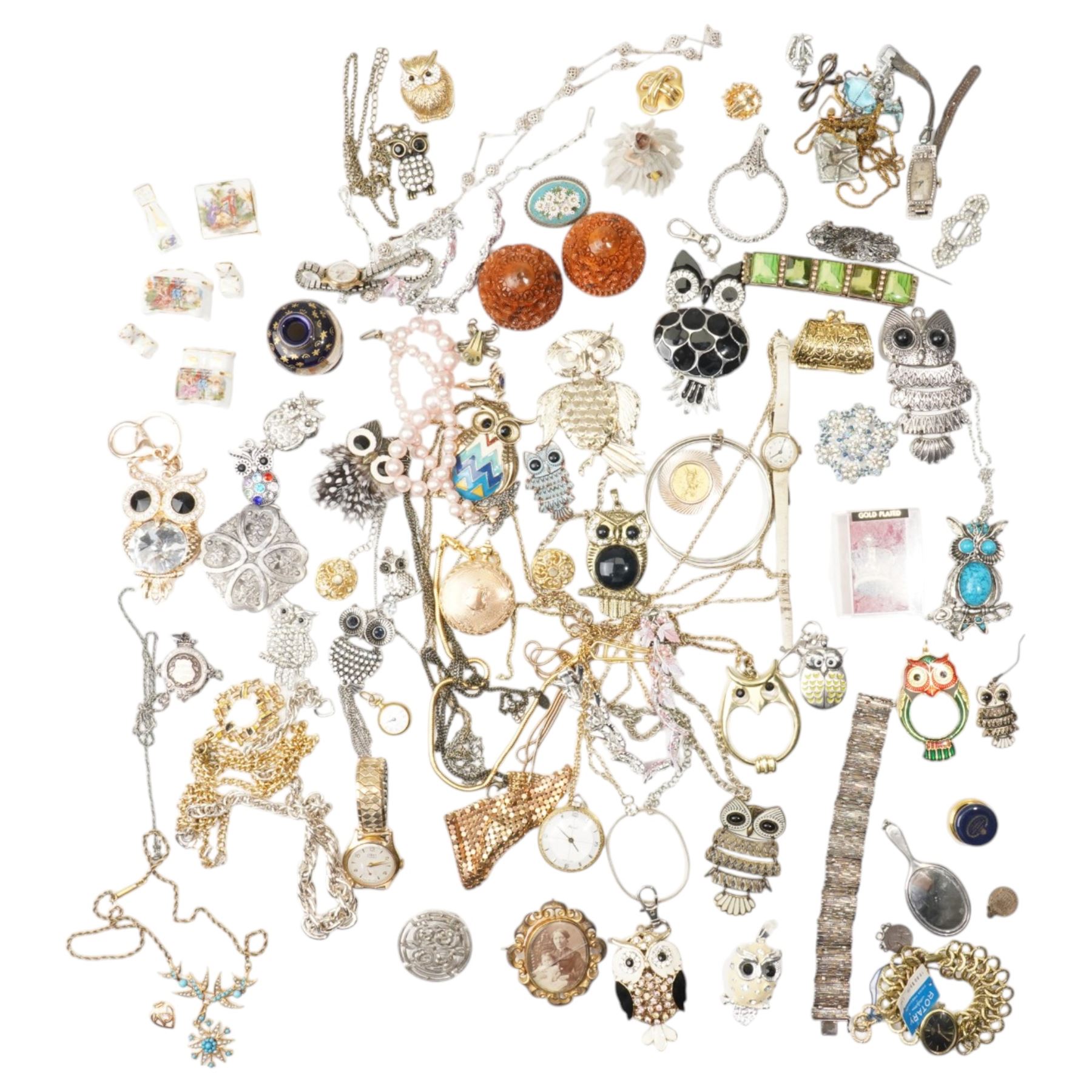 Early 20th century gilt metal swallow necklace, 18ct '13' heart pendant, silver panel bracelet, silver chatelaine hand mirror, Birmingham 1922, Halcyon Days enamel box, ladies Rotary wristwatch, Spendid pendant watch, miniature Japanese Satsuma vase and other costume jewellery 