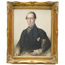 English School (20th century): Portrait of a Seated Victorian Gentleman, oil on board signed with monogram CS and dated 1854, 34cm x 27cm