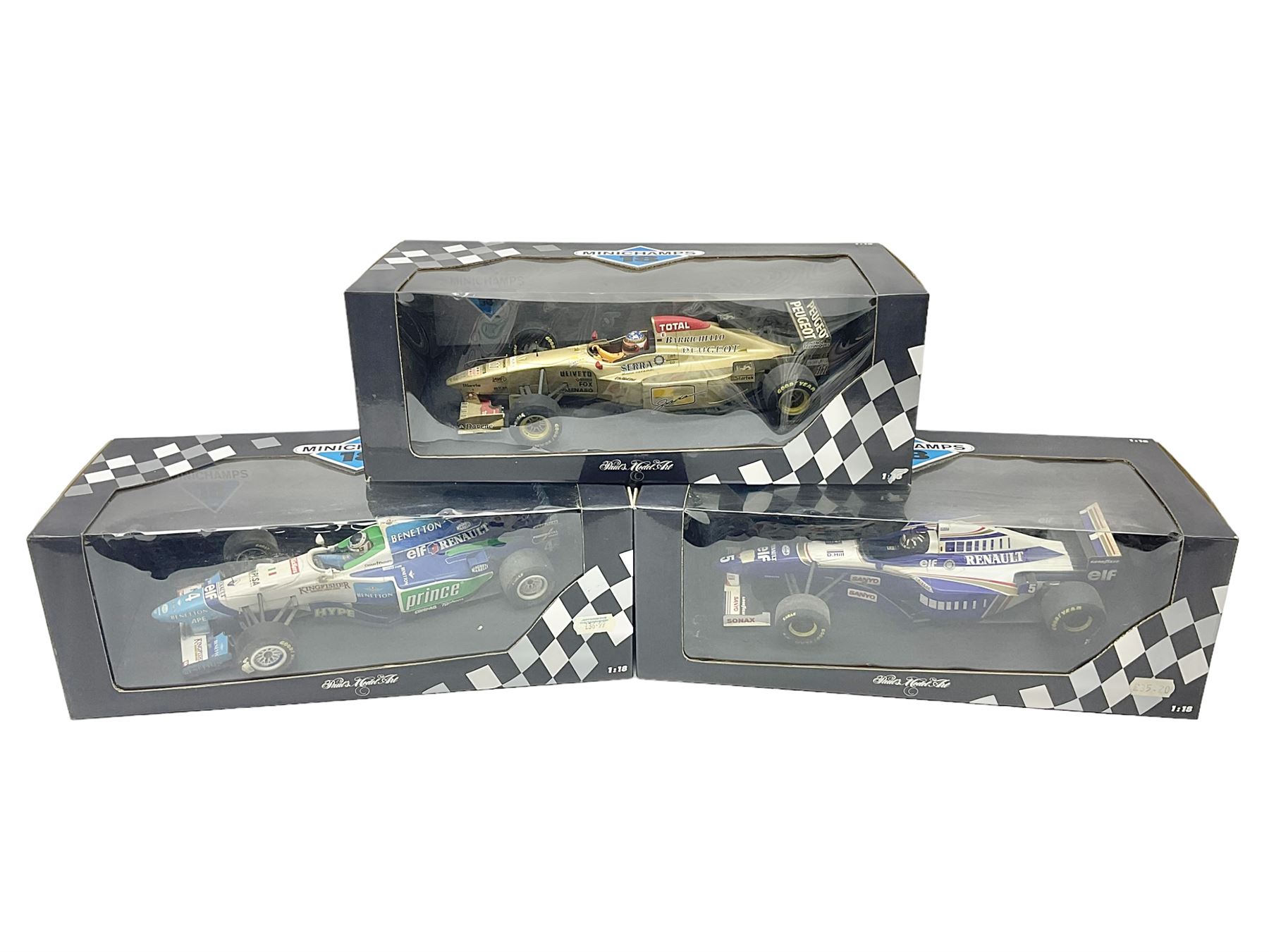 Three Minichamps '18' 1:18 scale die-cast racing cars - Jordan Peugeot 196 1996 R. Barrichello; Benetton Renault B196 G. Berger; and Williams Renault FW18 D. Hill; all boxed (3)