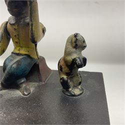 American 'Organ Bank' musical cast-iron mechanical money bank with hand cranked action and seated figure with two dancing dogs on top; locking door to base (no key); marked to the back 'Pat June 13 1882', H19cm