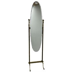 Late 20th century gilt metal cheval mirror, oval bevelled mirror on reeded supports with putti finials 