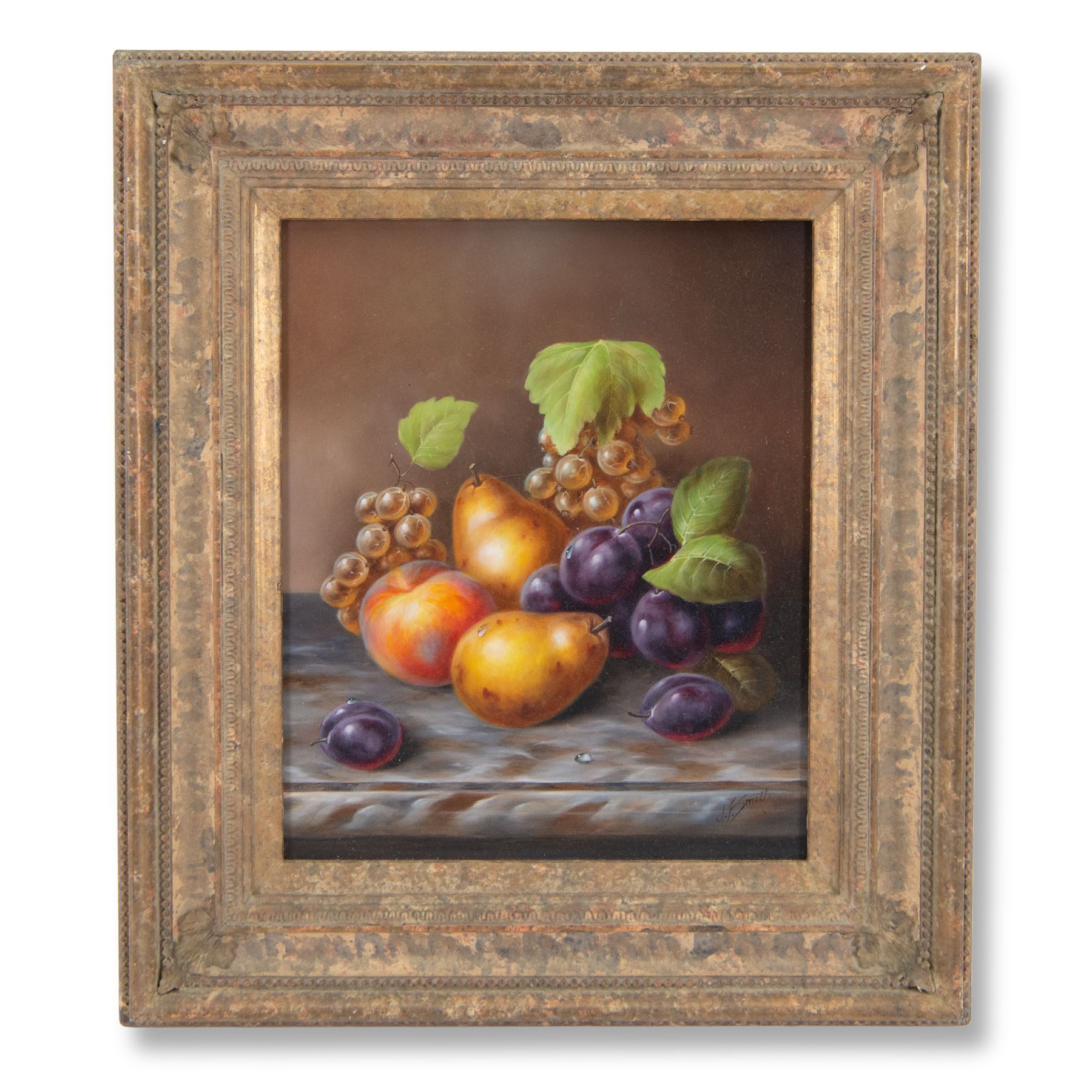 John F Smith (British 1934-): Still Life of Fruit, pair oils on board signed 29cm x 24cm
Notes: Smith was employed by Royal Worcester as a fruit painter between 1950 and 1971.