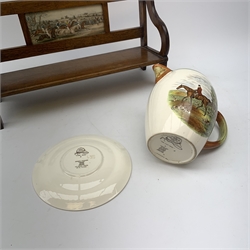 An Edwardian oak book trough with inset printed panel depicting a horse racing scene, L42.5cm, together with a Copeland Spode jug, transfer print decorated with 'The Last Draw' after J F Herring, plus a Copeland Spode plate, transfer print decorated with a scene entitled 'Gone Away'. (3). 