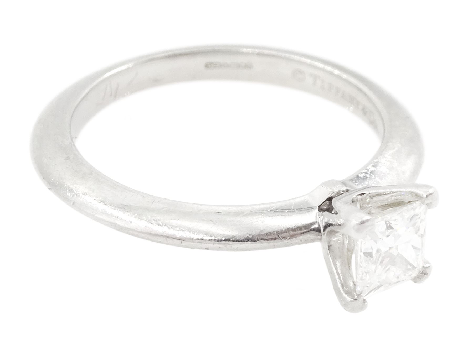 Tiffany & Co platinum single stone, princess cut diamond ring, London 2014, diamond 0.40 carat, boxed