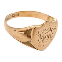 Edwardian 9ct rose gold shield design signet ring, engraved with initials 'WH', Birmingham 1911