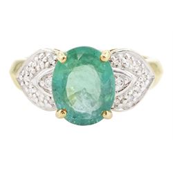 18ct gold Paraiba tourmaline and diamond ring, single oval cut tourmaline of approx 2.15 c...