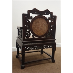  Chinese Qing period Padouk wood armchair, pierced and carved with dragons and foliage, inlaid with mother of pearl, variegated red marble seat and circular back panel, W70cm, H101cm, D53cm  Provenance - The vendor inherited the chair from their great great uncle William Pattrick (b1843, d1927). William Pattrick aquired the chair during his round the world holiday/cruise in 1907 onboard HMS Moldovia.  