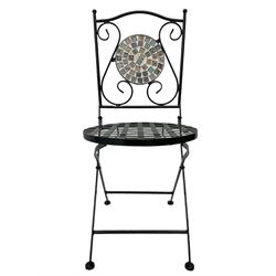Black painted metal bistro set, circular table with mosaic top, and pair of folding chairs with mosaic panels 