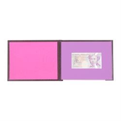 Seven Bank of England limited edition presentation pack pairs of banknotes, all with matching serial number 999966, comprising Gill five pound series D and E prefixes SE90 and A01, Kentfield five pound series E prefixes W18 and AA01, Kentfield ten pound series D and E prefixes KR30 and A01, Kentfield ten pound series E prefixes X40 and DD01, Gill twenty pound series D and E prefixes 20X and A01, Kentfield series E prefixes W35 and X01, and Kentfield series D and E prefixes E30 and A01, housed in leatherette binders manufactured by the Bank of England, 