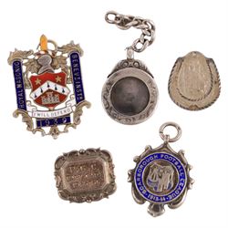 Five silver fobs/brooches, including enamel Royal Masonic example