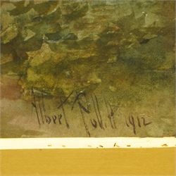 Albert Pollitt (British 1855-1926): Farmstead and Sheep Flock and Castle on the Hill, set three watercolours signed, two dated 1912, max 60cm x 44cm (3)